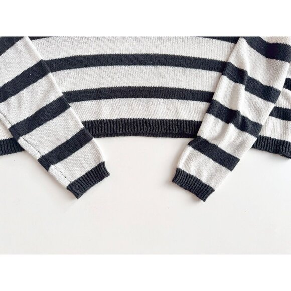 SUPERDOWN Adriana White Black Striped Open Knit Oversized Crop Sweater, Size XS - Picture 9 of 13